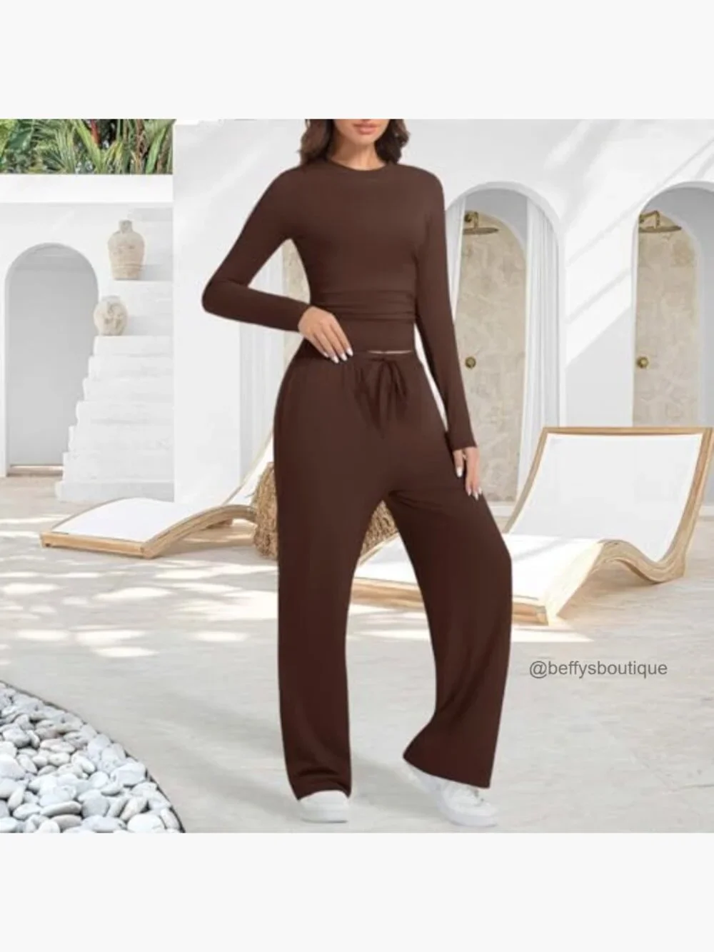 Women's 2-Piece Lounge Set Long Sleeve Wide Leg Joggers Soft Rayon Spandex - Picture 6 of 7